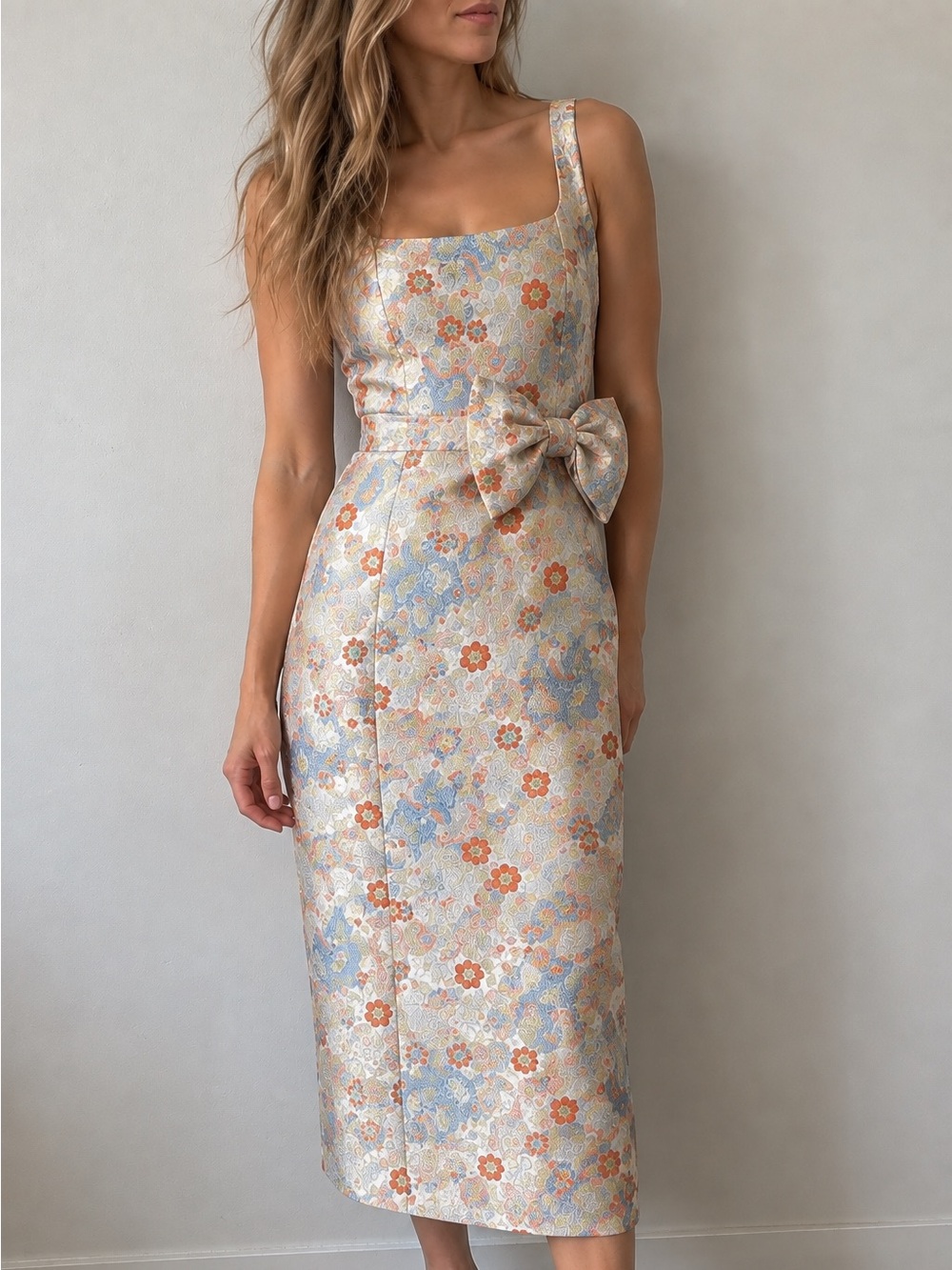 Mestiza New York Audrey Metallic Floral Jacquard Bow Midi Dress Size 10